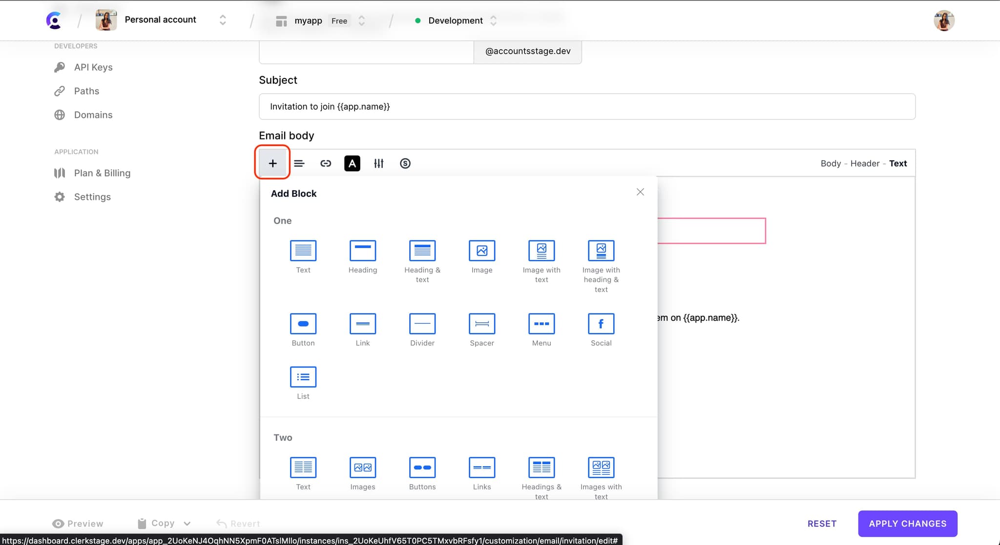 The 'Invitation' email template customization page. There is a red box around the 'Add block' icon in the toolbar of the 'Email body' WYSIWG editor.