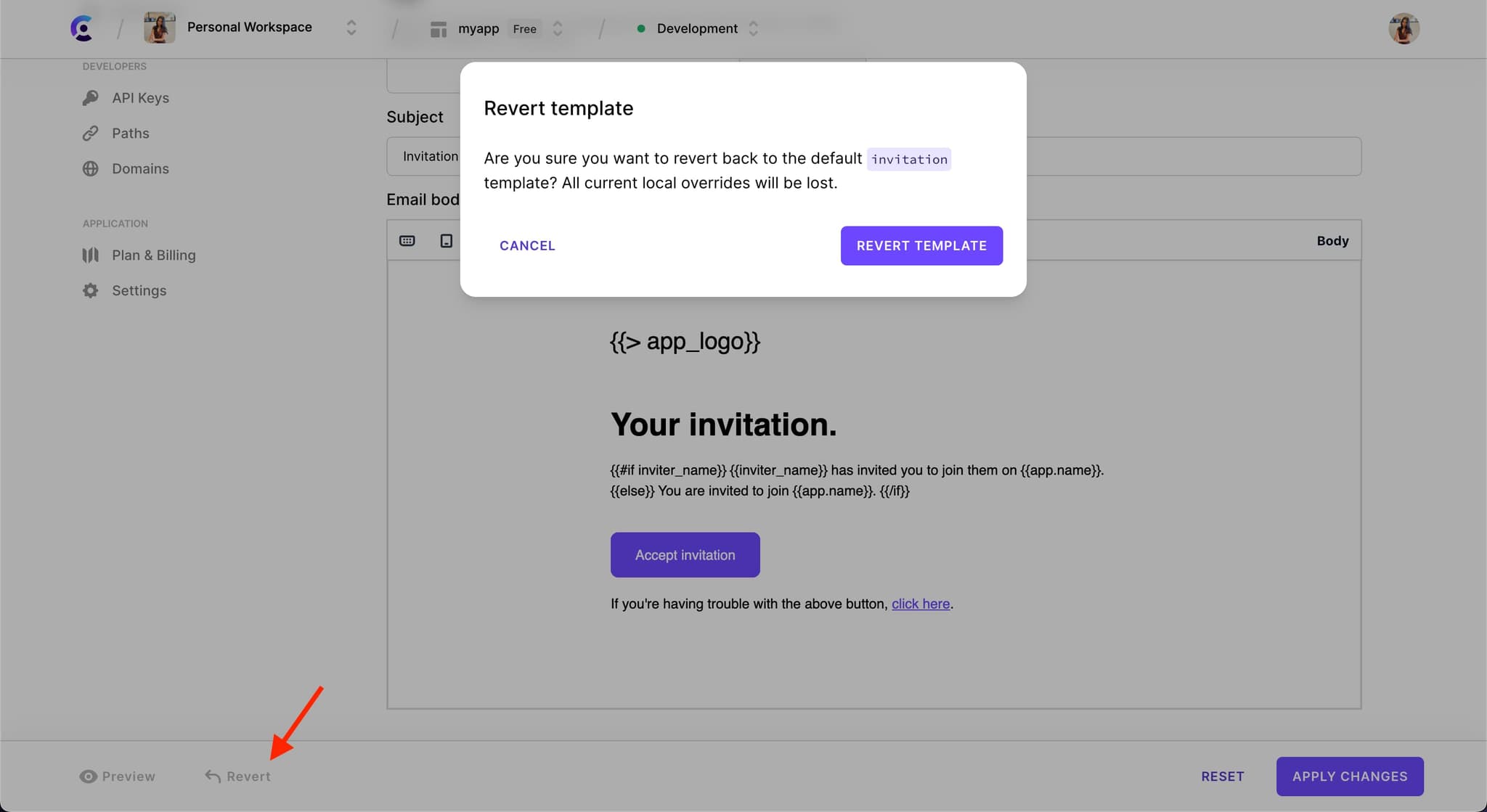 The 'Invitation' email template customization page. A red arrow points to the 'Revert' button.