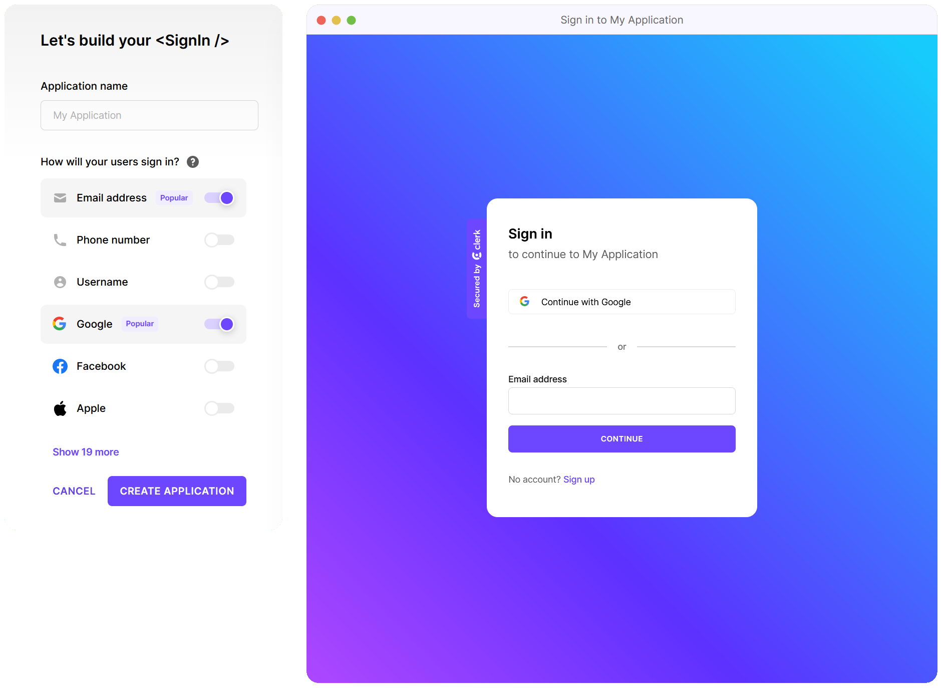 An interactive builder for customizing your <SignIn /> component, which includes choosing identifiers and social login options.